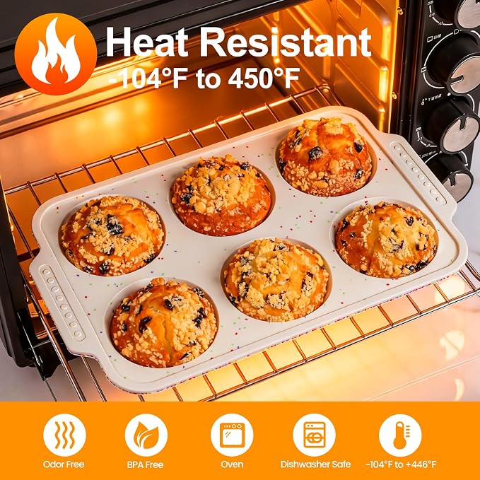 Vinino Silicone Jumbo Muffin Pan with Reinforced Frame for Oven, BPA-Free | 6-Cup Jumbo Size Silicone Muffin Pan for Baking with Non-Slip Handle, Nonstick Muffin Tray Dishwasher Safe, Cream