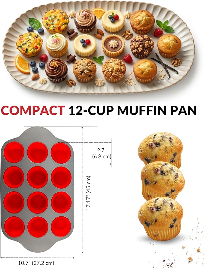 Non-Stick 12 Cup Silicone Muffin Pan with Steel Frame - BPA Free, Non-Toxic, Anti-Warp, Durable & Easy to Pop Silicone Muffin Tin - Perfect Cupcake Pan