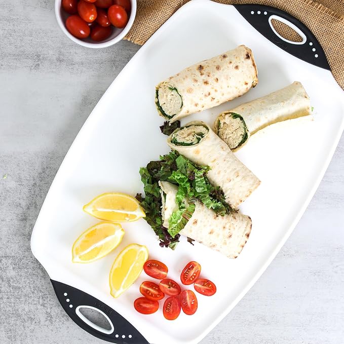Dexas Chop & Serve Cutting Board, 12.5 x 20 Inch, Large Kitchen Prep and Serving Board with Handles, BPA-Free Dishwasher Safe, White and Black