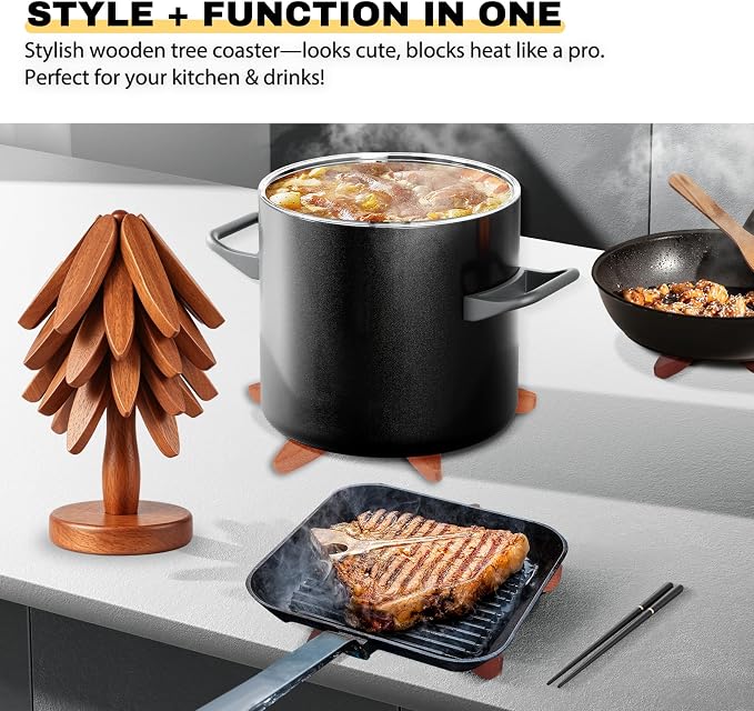 Wood Foldable Tree Trivets for Hot Dishes/Pot/Bowl/Teapot/Hot Pot Holders, Gifts for Family/Friends, Cute and Practical Kitchen Decorations(Smooth- 4Pcs)