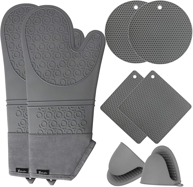 Oven Mitts and Hot Pads Sets, 8Pcs Extra Long Silicone Oven Gloves with Non-Slip Heat Resistant Hot Trivet Mats and Cooking Pinch Mitts Pot Holders Set for Baking Cooking, Grey