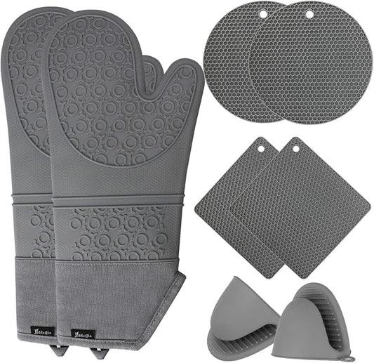 Oven Mitts and Hot Pads Sets, 8Pcs Extra Long Silicone Oven Gloves with Non-Slip Heat Resistant Hot Trivet Mats and Cooking Pinch Mitts Pot Holders Set for Baking Cooking, Grey