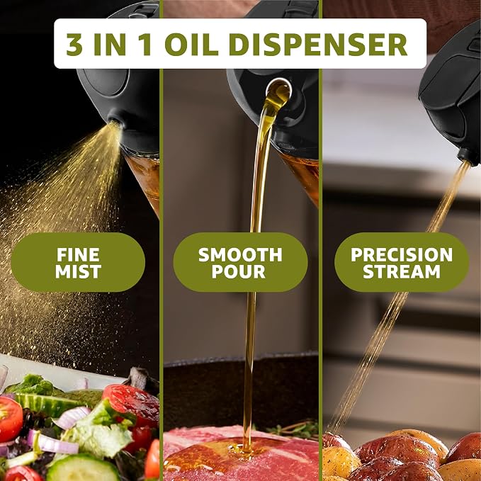 FineDine 16 oz Glass Olive Oil Sprayer for Cooking, Oil Dispenser, Black | Glass 2-in-1 olive oil dispenser bottle, oil dispenser for kitchen, oil spray bottle, mist or stream, anti-drip spout, salads