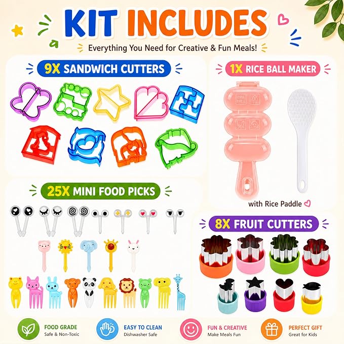 FUNGYAND Sandwich Bread Cutter Set, 45 in 1 Bento Lunch Box Accessories Kit Includes Fruit Cutter, Animal Food Picks, Rice Ball Maker, Easy to Use