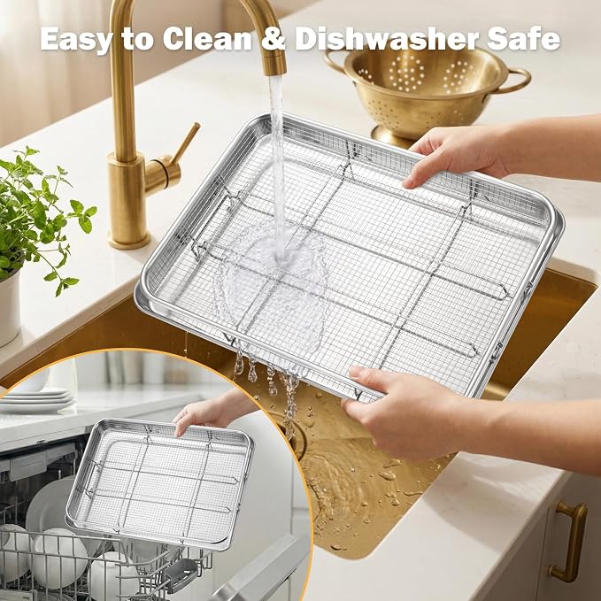 E-far Air Fryer Basket for Oven, Large 16” x 12” Stainless Steel Air Fryer Pan and Crisper Tray, Air Fryer Rack with Baking Pan for Crisper Foods Frying Healthy Cooking, Dishwasher Safe
