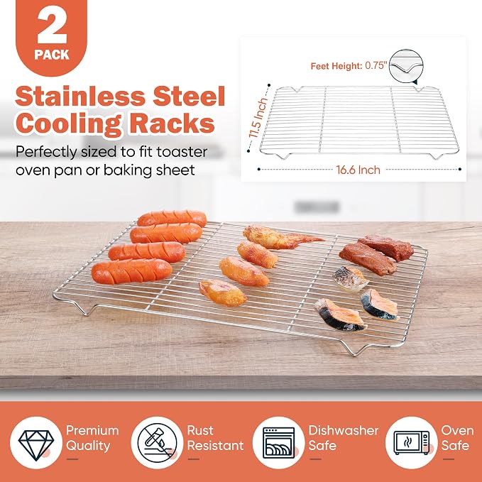 Homikit Cooling Racks for Cooking and Baking, 16.6”*11.5” Large Stainless Steel Wire Rack for Oven Cooking Roasting Grilling Drying, Cookie Bacon Pizza Mesh Cooling Racks, Dishwasher Safe, 2 PCS