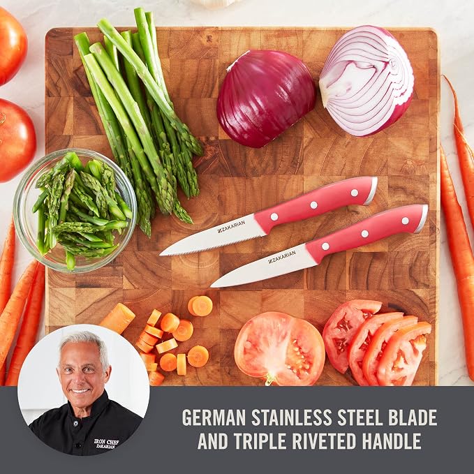 Zakarian by Dash 2 Piece Chef Grade German Steel Paring Knife Set with Smooth and Serrated Blades for Chopping, Dicing, Mincing, Slicing and More – Cranberry