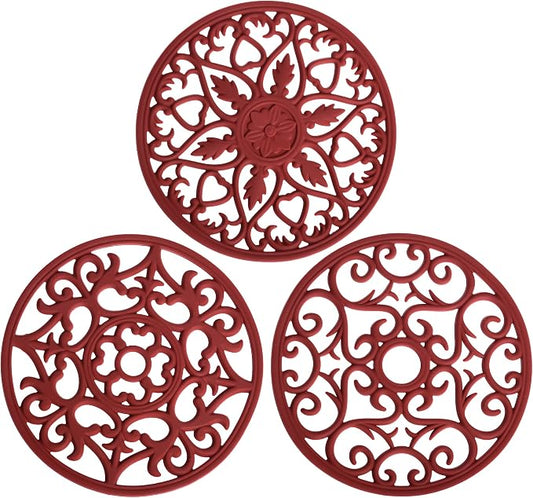 Smitchraft Silicone Trivets Hot Dishes, Pots & Pans, Hot Pads Kitchen Quartz Countertops, Pot Holders Trivet Mat, Non-Stick Heat Resistant Mats Counter & Table, Burgundy Red Kitchen Accessories Set 3