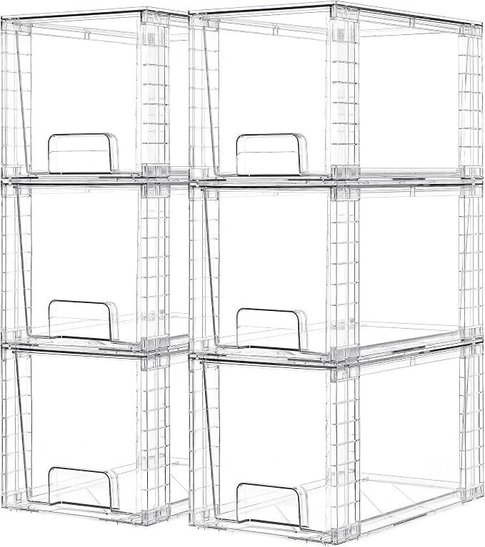 Vtopmart 6 Pack Large Stackable Storage Drawers | Easily Assemble Acrylic, Bathroom Closet Undersink Organizers, Plastic Bins for Kitchen Cabinets, Pantry, Makeup, Medicine