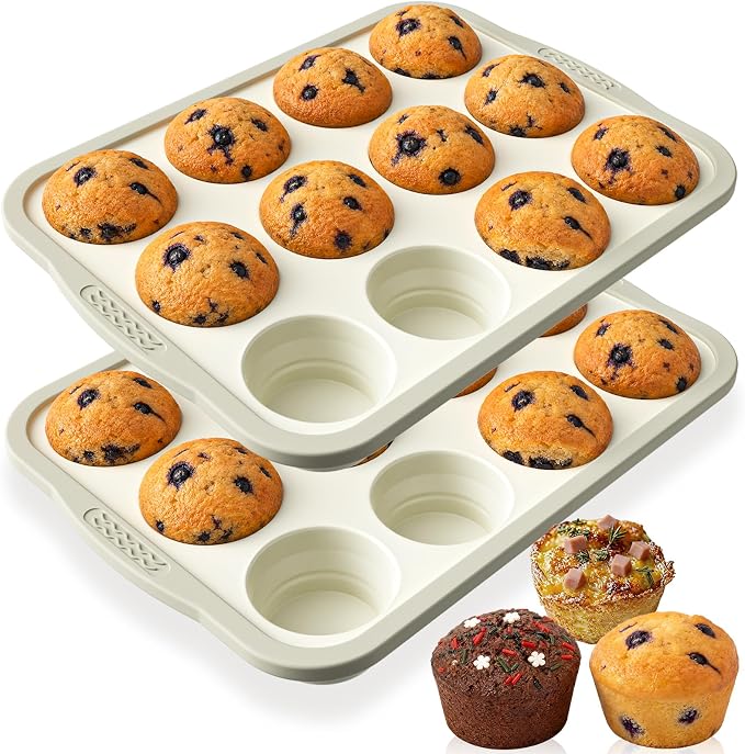 2 Pack Silicone Muffin Pan for Baking with Metal Reinforced Frame, Foldable 12 Cup Regular Size Nonstick Cupcake Pan, Muffin Tray for Baking, Dishwasher Safe Egg Bite Molds for Oven，Beige