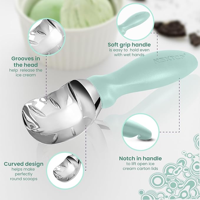 Nextop Ice Cream Scoop with Comfortable Handle - Ergonomic Spoon, Durable Perfect Metal Round Round Scoops Ideal for Ice Cream, Sorbet, Gelato Perfect for Home Use, Kitchen Essential. (Mint)