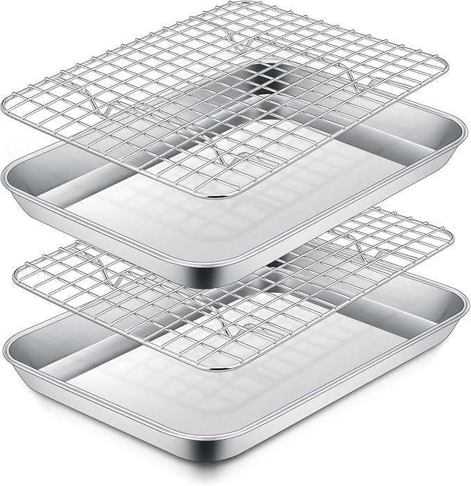 P&P CHEF 9 Inch Toaster Oven Pan Tray with Wire Rack, 4 PCS | Baking Sheet Pan + Cooling Rack for Cooking/Roasting, Dishwasher Safe & Rust Free, Non-toxic & Sturdy