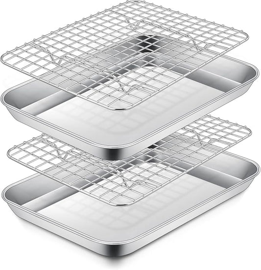 P&P CHEF 9 Inch Toaster Oven Pan Tray with Wire Rack, 4 PCS | Baking Sheet Pan + Cooling Rack for Cooking/Roasting, Dishwasher Safe & Rust Free, Non-toxic & Sturdy