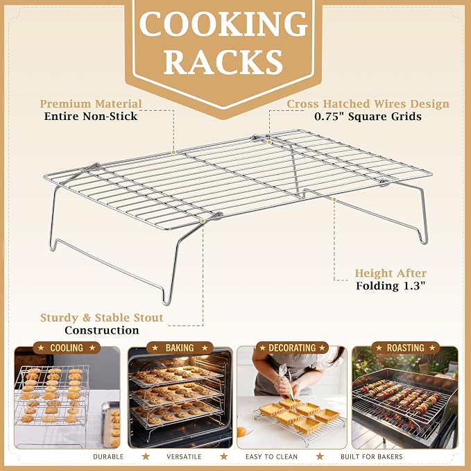 LIANYU 6-Tier Stackable Cooling Rack for Cooking & Baking, 10"x15", 2 Pack | Stainless Steel Collapsible Cooling Rack for Cookies, Cakes, Baking Wire Racks Fits Jelly Roll Pan, Oven & Dishwasher Safe