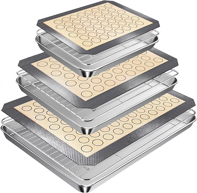 Stainless Steel Baking Sheet Tray Cooling Rack with Silicone Baking Mat Set, 9/12/16 Inch Cookie Sheet Baking Pan with Wire Rack Set, Set of 9 (3 Sheets + 3 Racks + 3 Mats), Heavy Duty & Rust Proof
