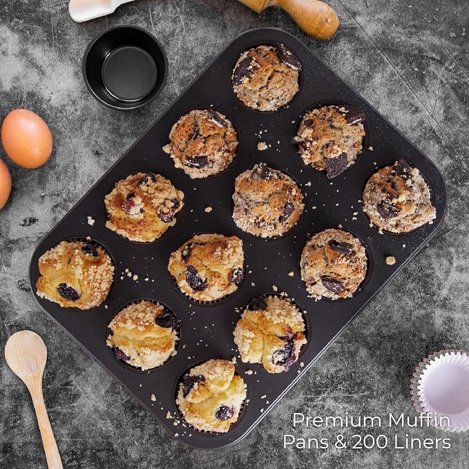 CARTMAN 12-Cup Muffin Pan & 200 Liners, Nonstick Carbon Steel Cupcake Tin | Includes 200 liners, durable carbon steel, nonstick release, for cupcakes, muffins, egg bites, brownies, oven safe 450°F