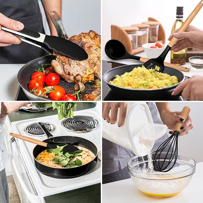Kitchen Utensils Set of 12, E-far Silicone Cooking Utensils with Holder, Non-stick Cookware Friendly & Heat Resistant, Includes Spatula Tong Whisk Ladle Brush Slotted Turner Spoon(Black)
