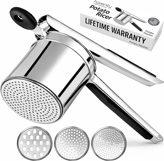 Large 15oz Potato Ricer with 3 Discs - Heavy Duty Stainless Steel Potato Masher and Ricer for Mashed Potatoes | Non Slip Baby Food Squeezer, Kitchen Gadget Tool for Food Press & Food Mill