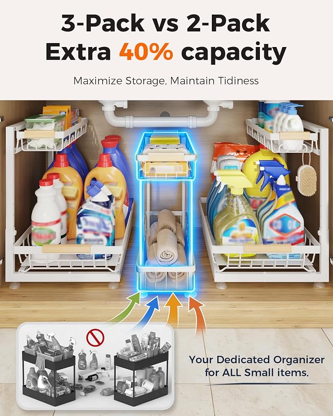 3-Pack 2-Tier Height Adjustable Under Sink Organizer, White | Multi-purpose metal storage shelf with sliding shelves for kitchen, bathroom, pantry & laundry cabinet