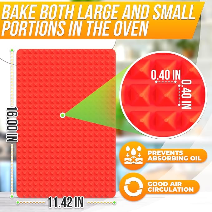 Red Silicone Baking Mat, 16 x 11.42 In, Non-Stick, Pyramid Design | Easy-to-Clean Silicone Pyramid Baking Mat; Suitable for Oven & Microwave; Fat Filtering Surface; for Roasting, BBQ, and Bacon