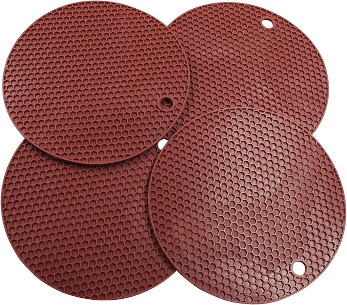 4 Pack Round Silicone Trivet Mats, Coffee | Heat Resistant Pad, For Pots, For Bowls, For Countertops