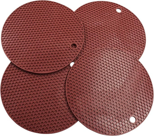 4 Pack Round Silicone Trivet Mats, Coffee | Heat Resistant Pad, For Pots, For Bowls, For Countertops