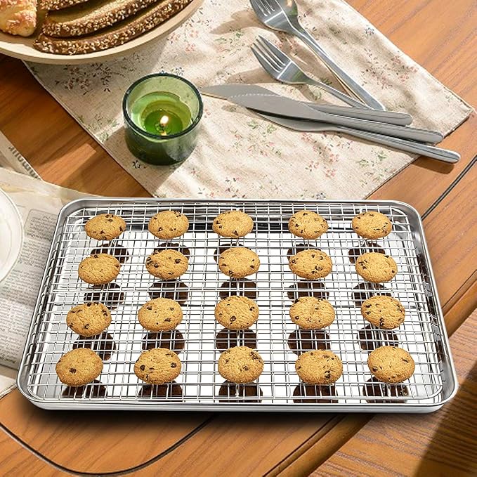 Baking Sheet with Rack Set [2 Pans + 2 Racks], Wildone Stainless Steel Cookie Sheet Baking Pan Tray with Cooling Rack, Size 16 x 12 x 1 Inch, Non Toxic & Heavy Duty & Easy Clean