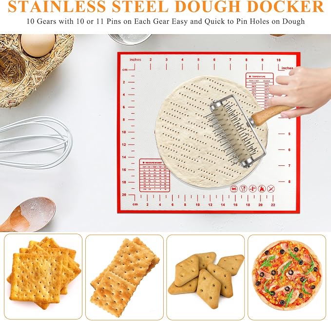 Set of 3 Pizza Kit Including Stainless Steel Pizza Dough Roller, Wooden Docker Rolling Pin and Non-slip Silicone Baking Mat, Dough Hole Maker for Cookie Pie Pastry Crust