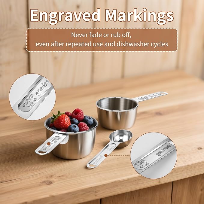 Measuring Cups and Spoons Set (8 Piece), Stainless Steel Measuring，4 Spoons, 4 Cups, Metal Measuring Cups for Cooking & Baking