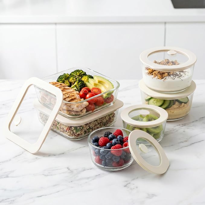 Glass Food Container Set with Glass Lid, 6 Pack, Food Storage Containers Set, Airtight, LeakProof, Micowave Safe, 100% Plastic Free, Meal Prep Containers (White Color)