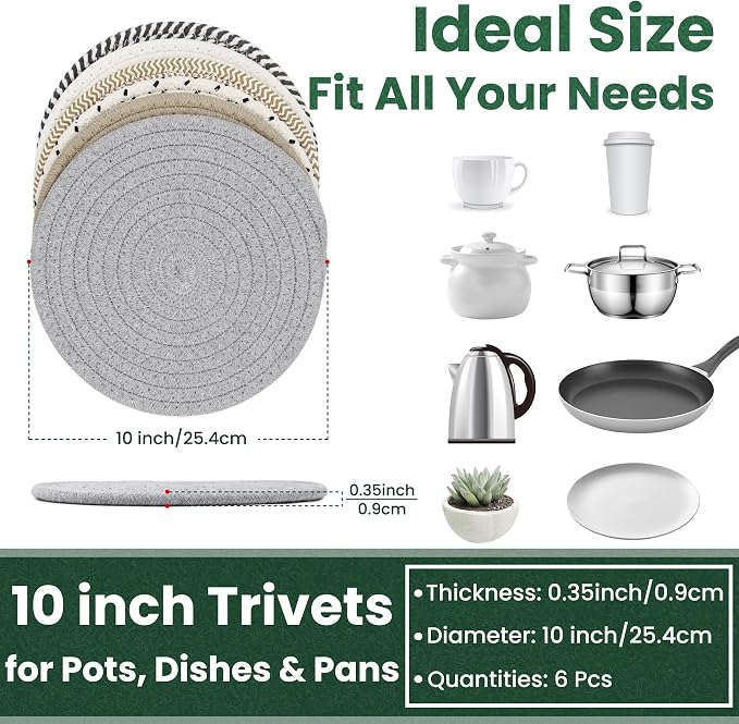 10 Inch Trivets for Hot Dishes, Hot Pots and Pans, Extra Large Thick Heat Resistant Large Coaster for Kitchen, Hot Pads, Kitchen Essentials, Pot Holders for Table & Countertop, 6 Pcs
