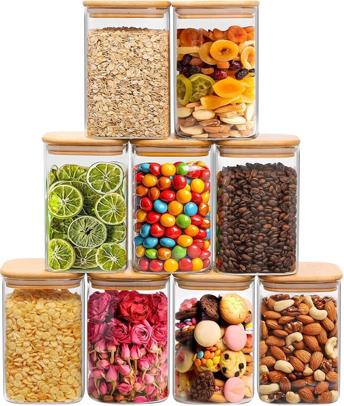 ComSaf Square Glass Containers With Lids 1.2 Qt, Set of 9 Pantry Galss Jars | Food Storage Jar, Kitchen Canisters, Storage Container, Bamboo Lid with Silicone Seal, Cookie, Flour, Spice, Coffee, BPA Free