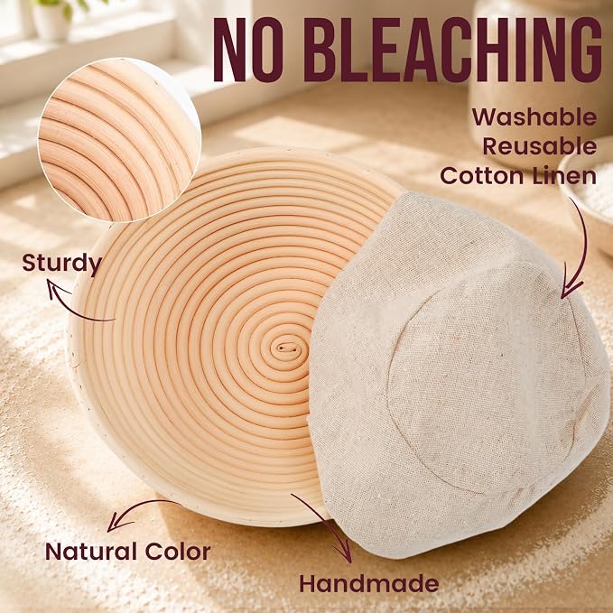 DOYOLLA Bread Proofing Basket Set, Sour Dough Tools with Silicone Bread Sling, Sourdough Starter Kit, Baking Gifts, Bread Making Kit (Round,8.5 inch)