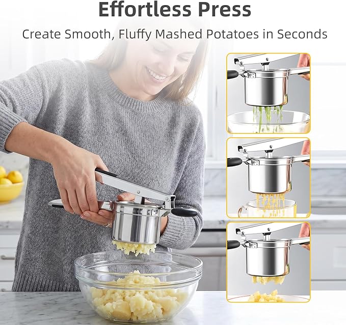 Stainless Steel Potato Ricer, Deep Bowl Potato Masher with Non-Slip Silicone Handle, Easy-Clean Durable Multi-Purpose Mashed Potato Ricer for Potatoes, Tomatoes and Soft Fruits(PR-01)