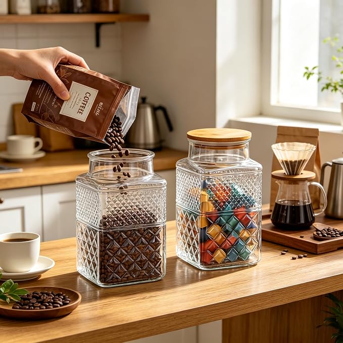 Large Glass Storage Jar, 60 FL OZ Glass Food Storage Containers with Bamboo Lid, Kitchen Laundry Room Organization Jar for Cookies Coffee Flour Sugar Laundry Pods Detergent Airtight Glass Jars | Kitchen Pantry Thick Glass Container for Flour Sugar Cook...