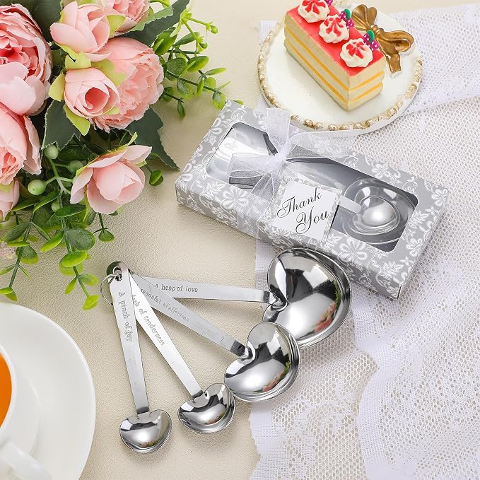 25 Set White Heart Shaped Measuring Spoons Stainless Steel Measure Tea Spoons Bridal Shower Wedding Gift Birthday Tea Party Souvenirs for Guests with Individual Package(Lovely)