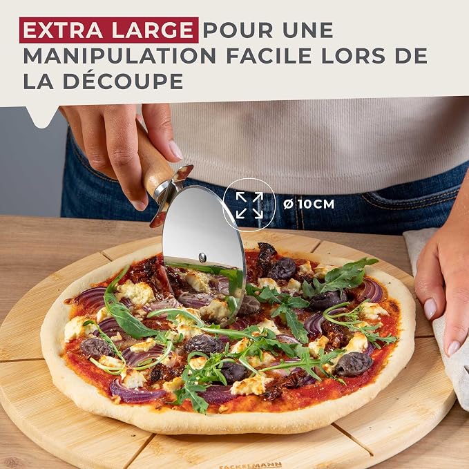 Fackelmann XXL Pizza Cutter for Pizza and Tarte Flambée, Pizza Wheel with Sharp Stainless Steel Blade, Pizza Roller with Ergonomic Beech Wood Handle, Approx. 23 cm
