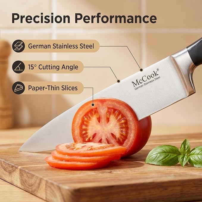 McCook® Knife Sets,German Stainless Steel Kitchen Knife Block Set with Built-in Sharpener, 15-Piece Razor-Sharp Kitchen Knives, Forged Triple Rivet,Full Tang,Ergonomic Handle,Elegant Box for Gift