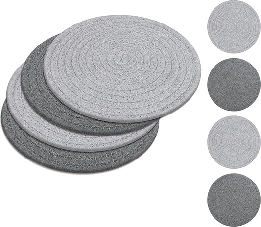 SHACOS 8 Inches Trivets for Hot Dishes, 4 Pieces Heat-Resistant Trivets Mats for Kitchen, Cotton Pot Holders for Hot Pots and Pans, Hot Pads for Countertops and Table, Gray and Light Gray