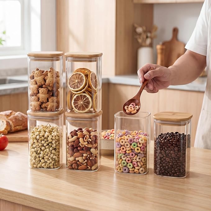 SENTVEND 37 Oz Glass Jars - 6 Pack Food Storage Containers with Lids Square | Food-grade durable clear canister, Bamboo seal cover, Stackable, BPA-Free, Ideal for sorting oats, Coffee beans, Nuts & More