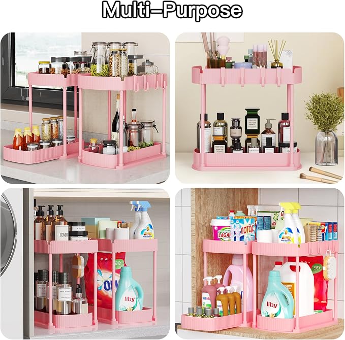 2 Packs Under Sink Pull-Out Storage Organizers, 12.8 Inches, Pink | Multi-Purpose Cabinet Organizers and Storage for Bathroom & Kitchen