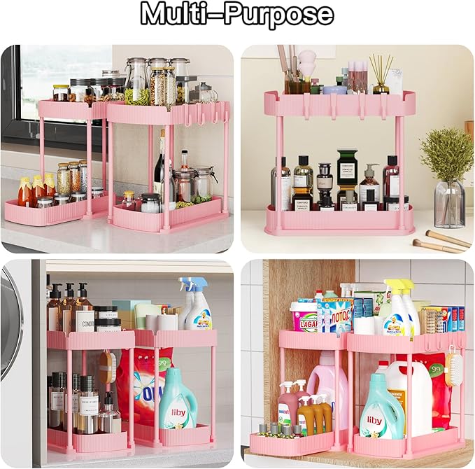 2 Packs Under Sink Pull-Out Storage Organizers, 14.8 Inches,Pink | Multi-Purpose Cabinet Organizers and Storage for Bathroom & Kitchen