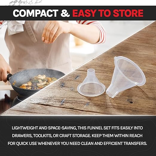 BleedZone Small and Medium Plastic Funnels for Filling Bottles, Small Funnel for Powder, Glitter & Spices, Plastic Funnels for Liquids, Perfume, Essential Oil, Kitchen Funnel Set Clear Durable 2 Pack