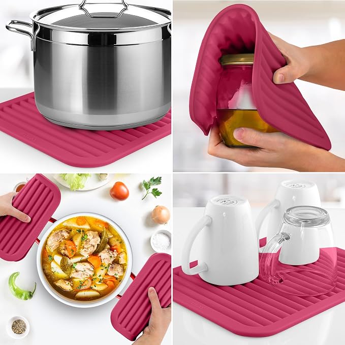 Zulay 2-Pack 9"x12" Silicone Trivets for Hot Pots & Pans – Heat-Resistant, Non-Slip Trivet Mats – Durable, Flexible, Multi-Purpose Hot Pads for Kitchen Counter & Table - Rose Red