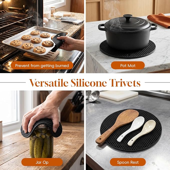 Silicone Trivets, 4 Pack Heat Resistant Mats, Non-Slip Protector | Withstands -40°F to 440°F, Premium BPA-Free Silicone, Multi-Use as Coaster Mat & Jar Opener, Dishwasher Safe