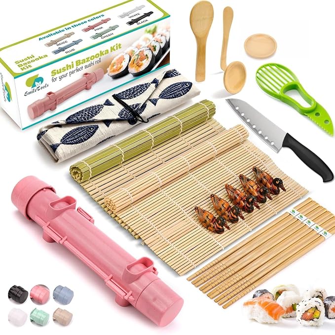 SmileTools Sushi Making Kit For Beginners - 22 Piece DIY Sushi Roller Kit with Bamboo Sushi Rolling Mat, Sushi Bazooka, Chef's Knife, Chopsticks, Holder - Best Starter Sushi Kit (Pink)