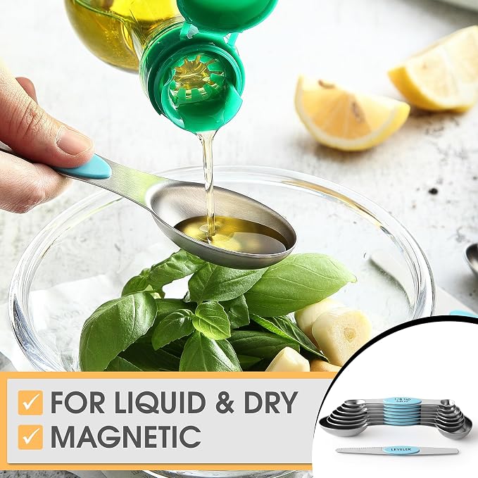 Spring Chef Stainless Steel Magnetic Measuring Spoons Set of 8 with Leveler, Nesting Metal Teaspoon & Tablespoon Measuring Spoons, Fits in Spice Jars, Kitchen Gadgets for Baking & Cooking - Aqua Sky