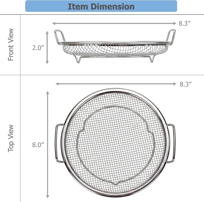 EIKS 2 Pack Air Fryer Rack Round Stainless Steel Basket, Dia. 8 inch | For Toasting, Cooking, Steaming, Cooling, Baking and Oil Strainer