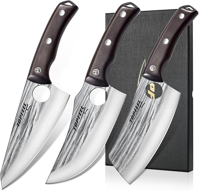 Topfeel 3PCS Butcher Knife Set Hand Forged chef knife Boning Knife, High Carbon Steel Meat Cutting Knives for Kitchen Camping BBQ…