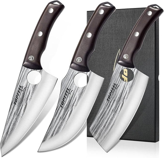 Topfeel 3PCS Butcher Knife Set Hand Forged chef knife Boning Knife, High Carbon Steel Meat Cutting Knives for Kitchen Camping BBQ…